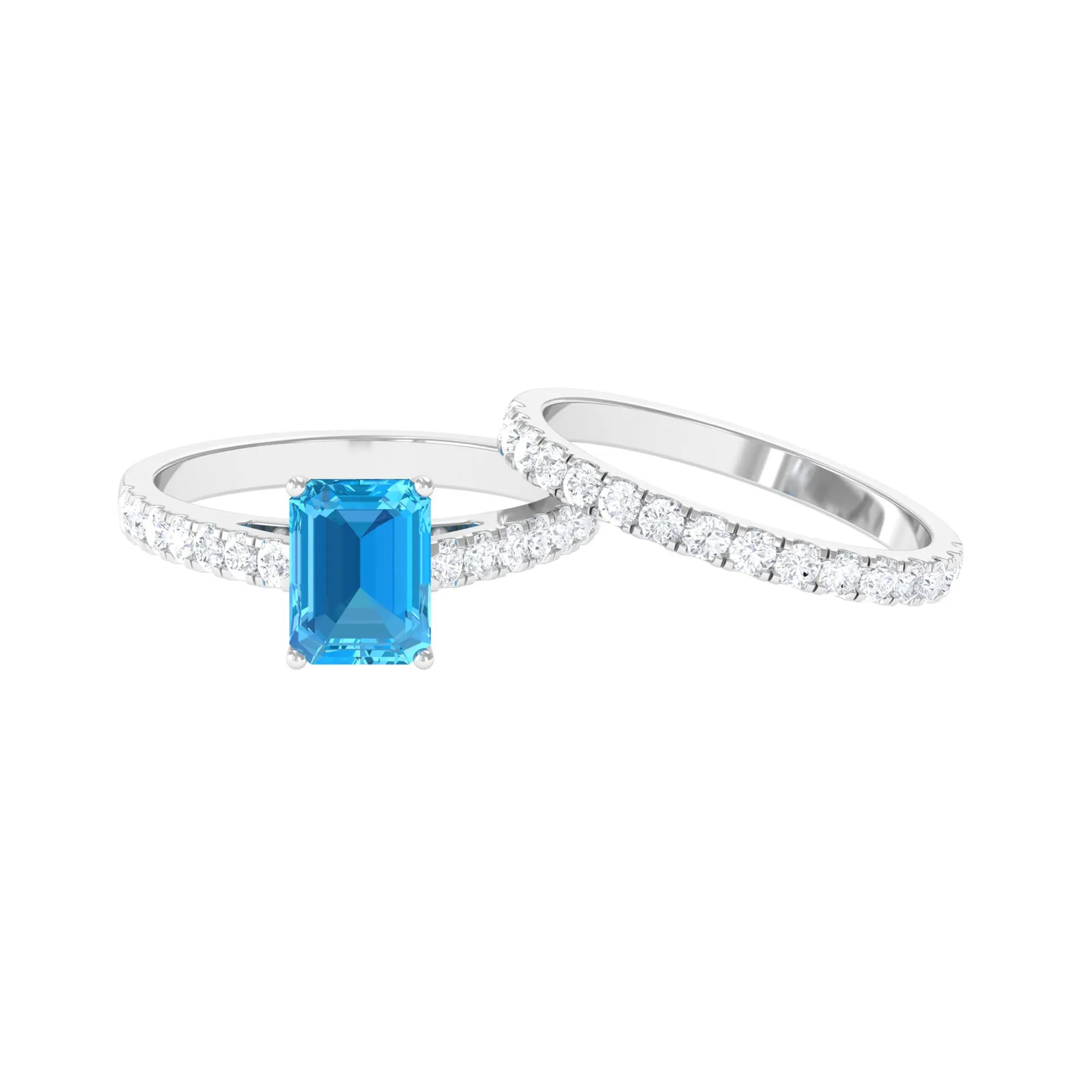 Octagon Cut Swiss Blue Topaz Bridal Ring Set with Moissanite Band