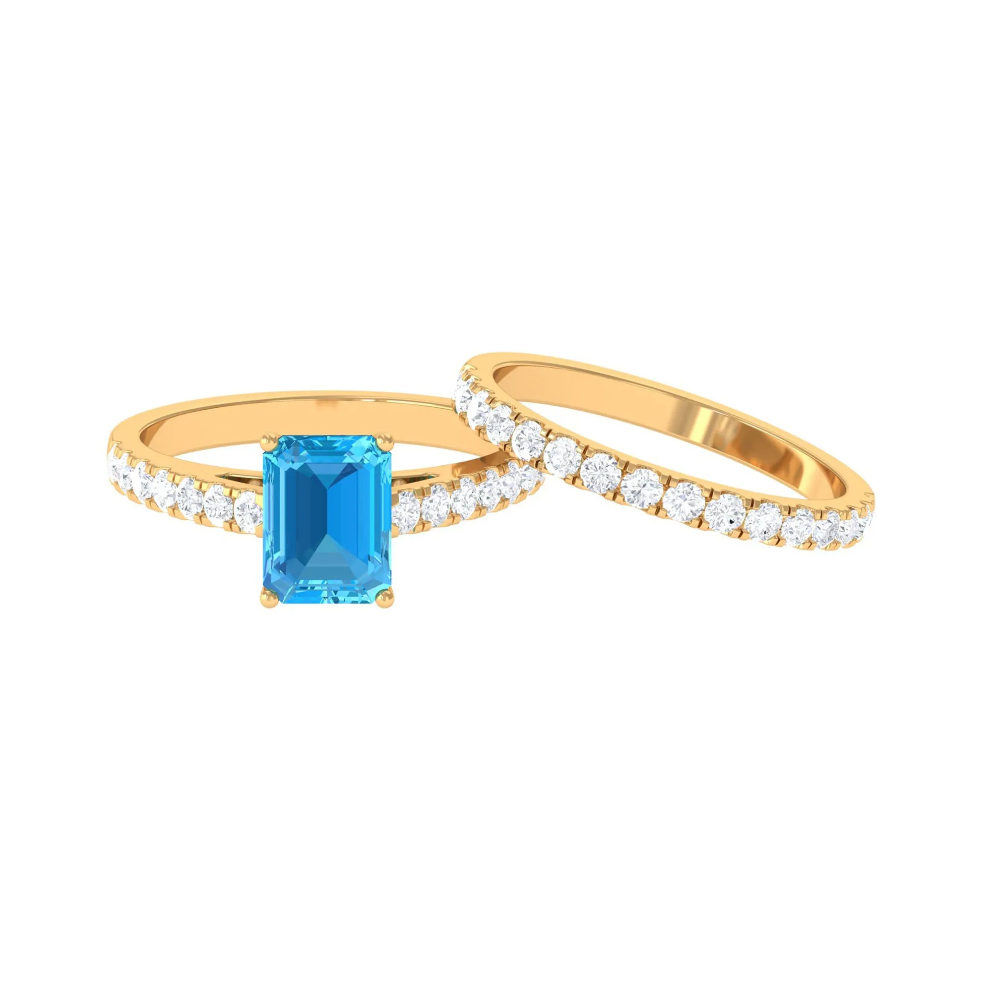 Octagon Cut Swiss Blue Topaz Bridal Ring Set with Moissanite Band