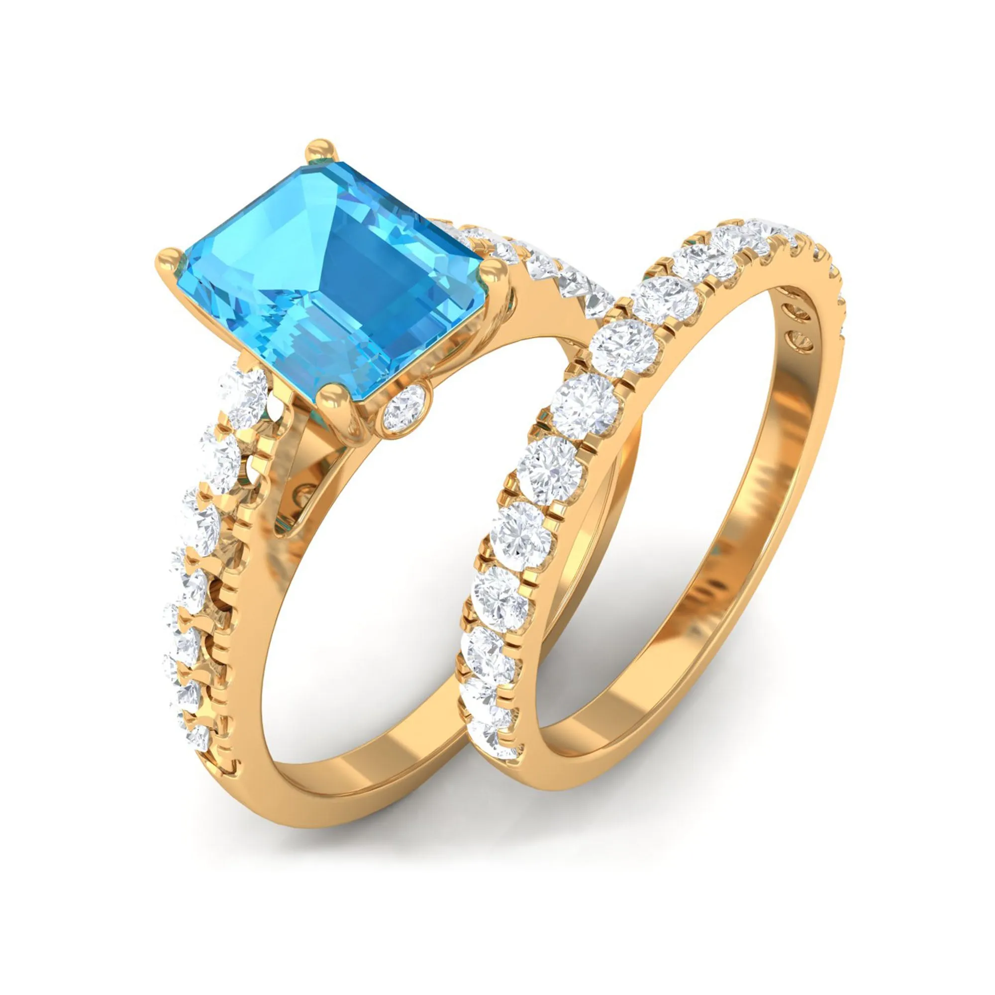 Octagon Cut Swiss Blue Topaz Bridal Ring Set with Moissanite Band