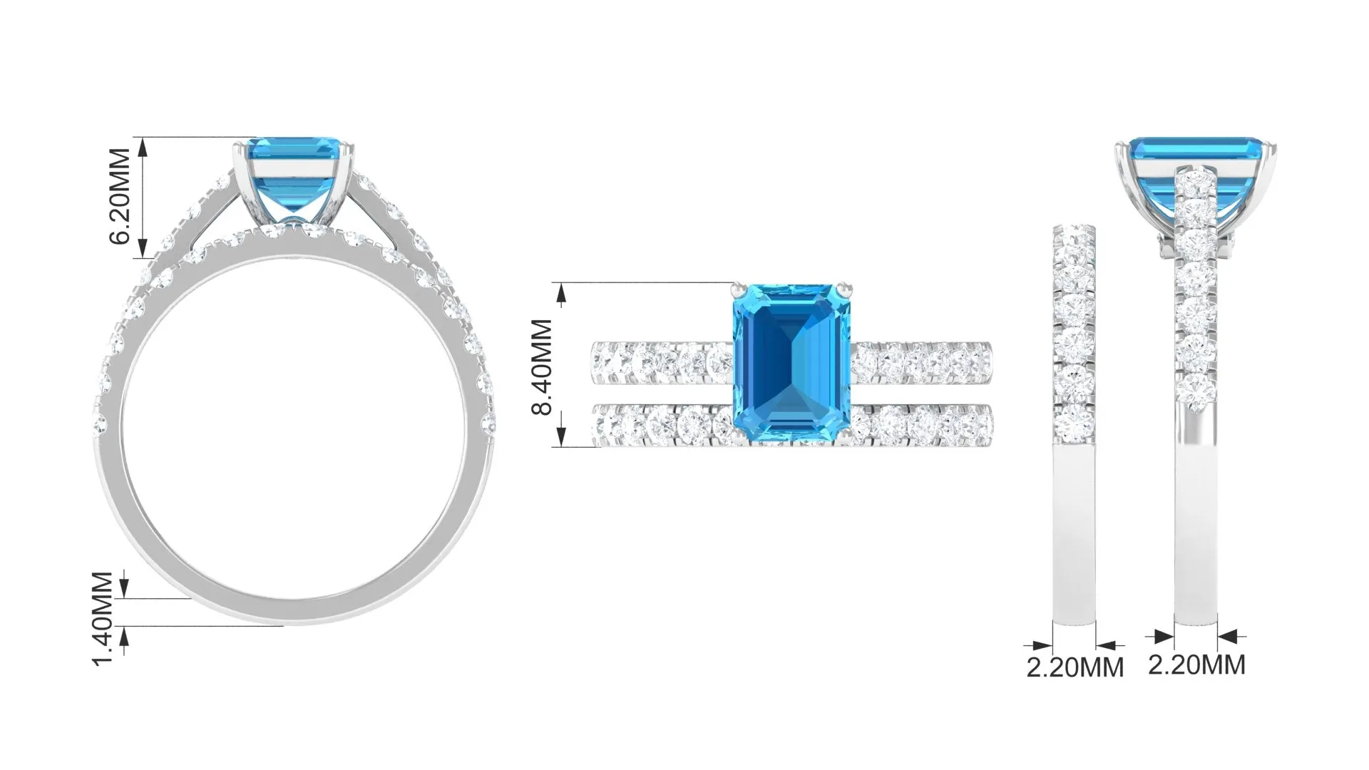 Octagon Cut Swiss Blue Topaz Bridal Ring Set with Moissanite Band