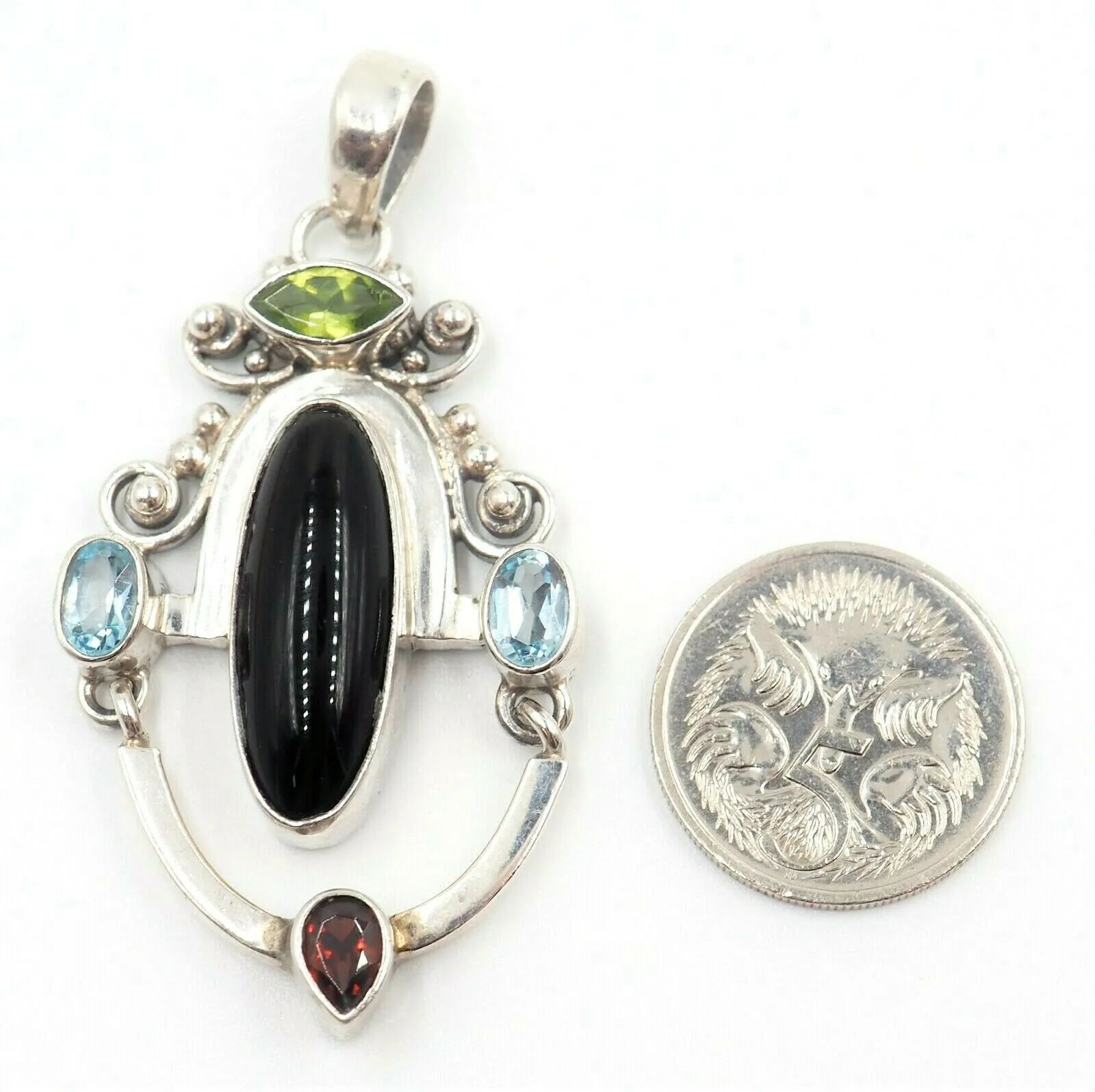 Onyx, Citrne, Topaz & Garnet Sterling Silver Pendant Fine Statement Jewellery