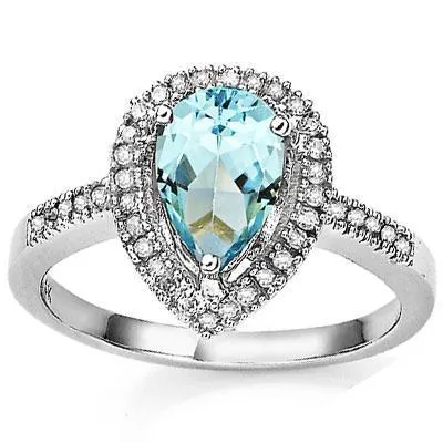 Pear Shaped Swiss Blue Topaz and Diamond Ring in 925 Silver, Lovely