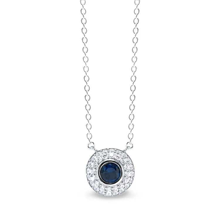 Platinum Finish Sterling Silver Micropave Necklace with Synthetic Blue Sapphire and Simulated Diamonds on 18" Cable Chain