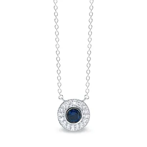 Platinum Finish Sterling Silver Micropave Necklace with Synthetic Blue Sapphire and Simulated Diamonds on 18" Cable Chain