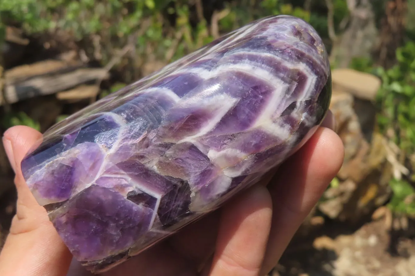 Polished Chevron Amethyst Standing Free Forms x 2 from Zambia