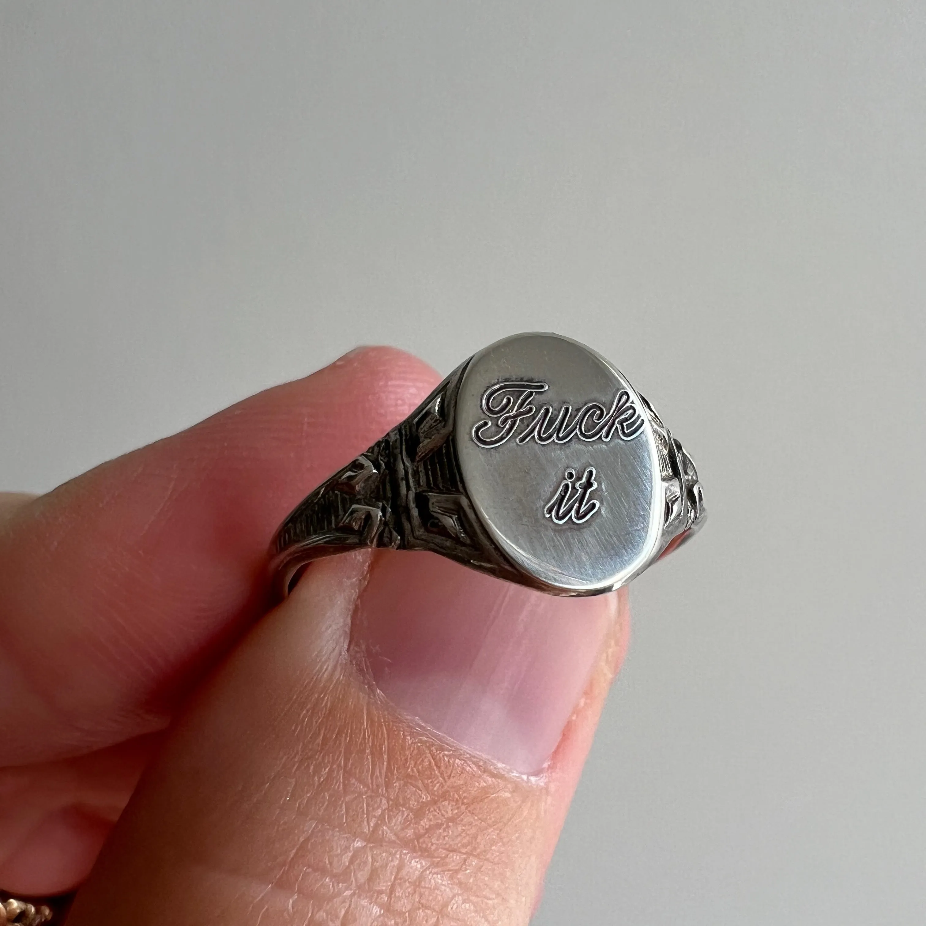 reimagined V I N T A G E // f*ck it / sterling silver signet ring with freshly engraved sentiment / size 8