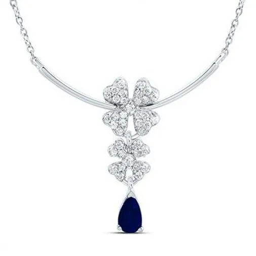 Round Diamond & Blue Pear Natural Sapphire Flower Necklace 14k White Gold 18 in