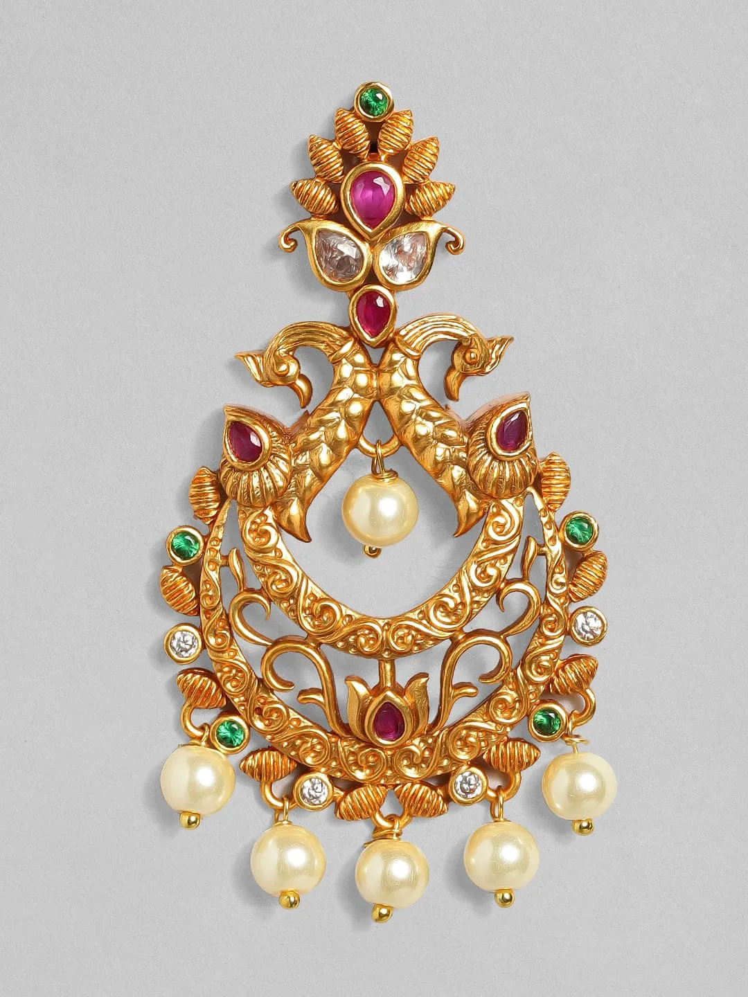 Rubans 22K Gold Plated Handcrafted Faux Ruby Stone with Pearls Peacock Chandbali Earrings