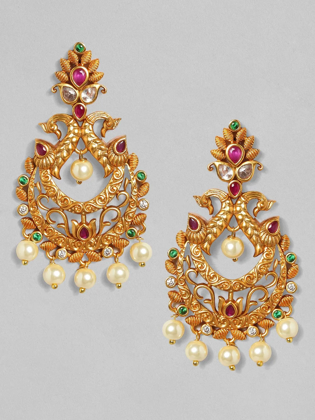 Rubans 22K Gold Plated Handcrafted Faux Ruby Stone with Pearls Peacock Chandbali Earrings