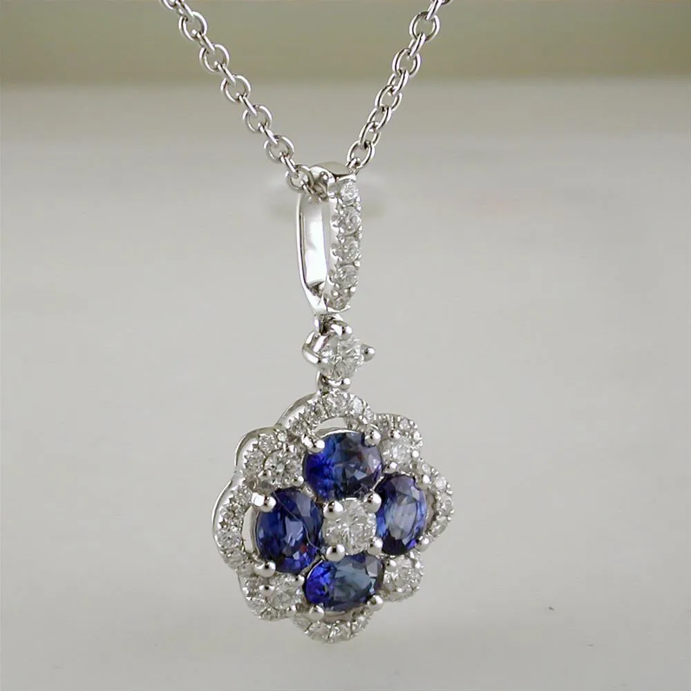 Sapphire & Diamond Flower Pendant Necklace 18K White Gold