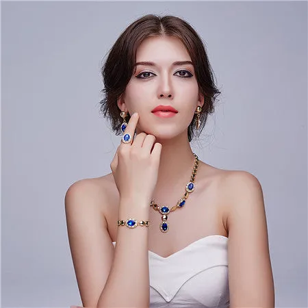 Sapphire Beads Collares Wedding Bridal Pendant Statement CZ Diamond Necklace Earrings Jewelry Sets For Women