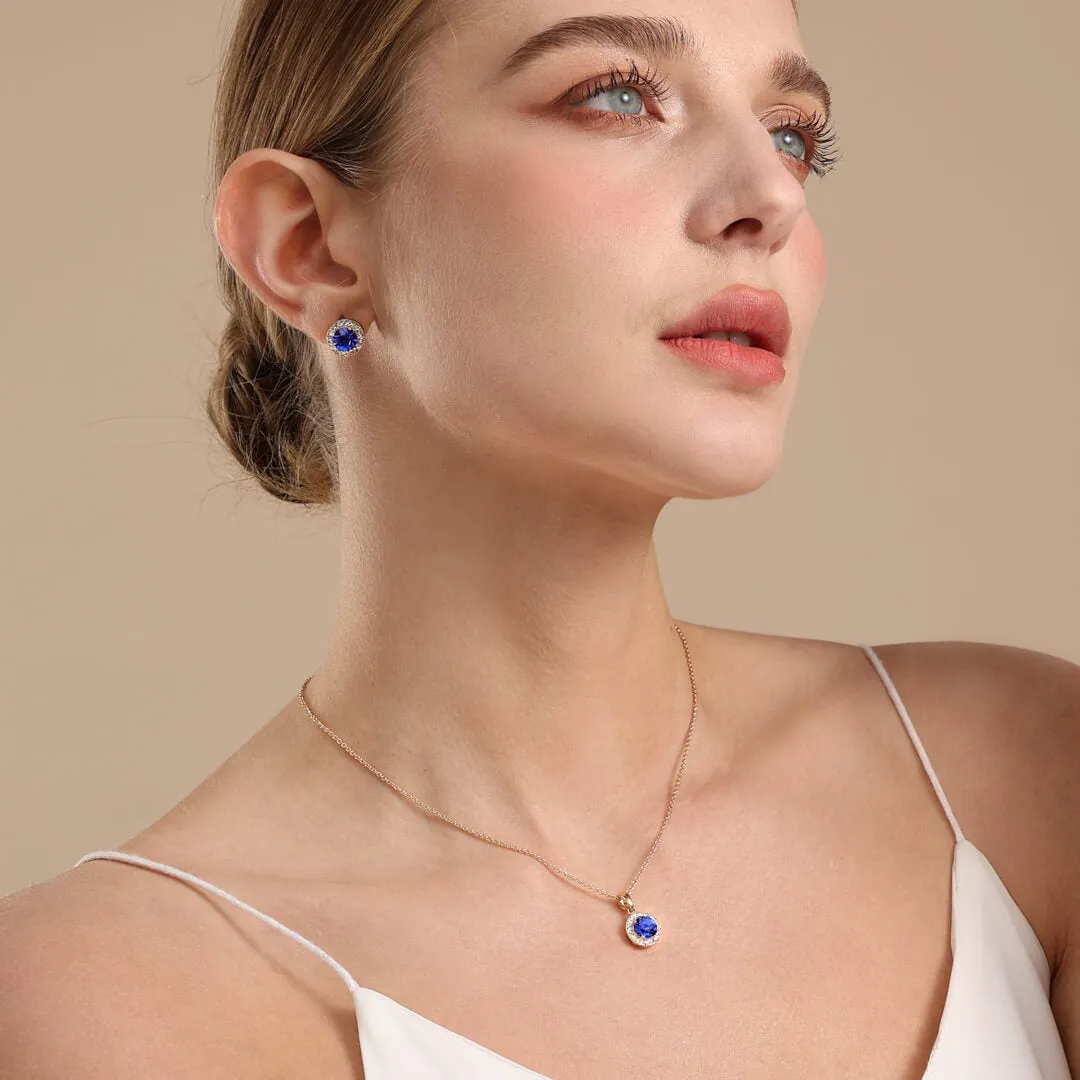 September Sapphire-Colour Birthstone Necklace & Earring Set In Gold-Tone