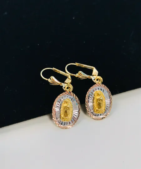 Set Virgen de Guadalupe Necklace and Earrings Tri Color Diamond Cut 20" / Virgin of Guadalupe Necklace/ Guadalupe Earrings / Cadena de la Guadalupe con Aretes