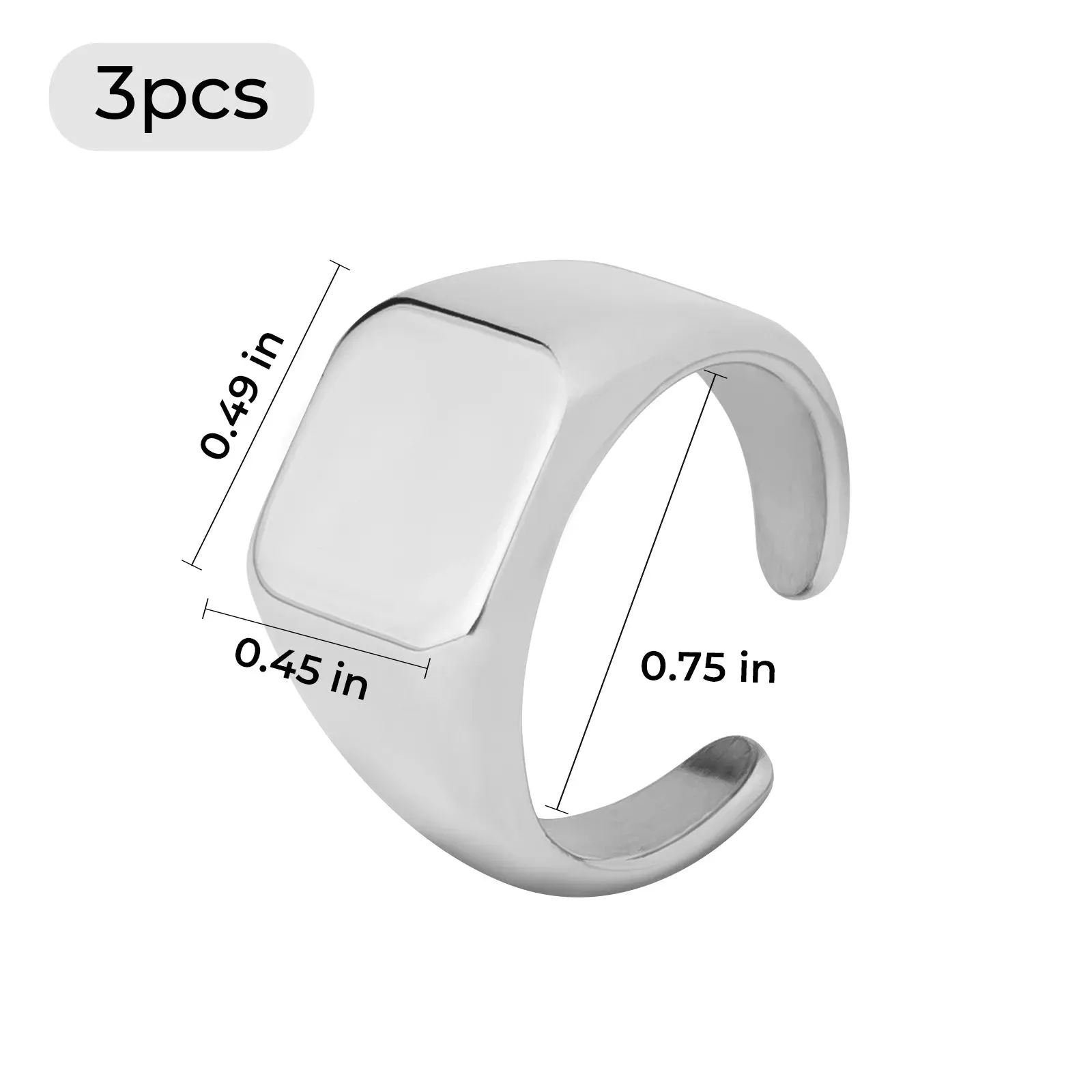 Silver Stainless Steel Square Signet Rings (3pcs)