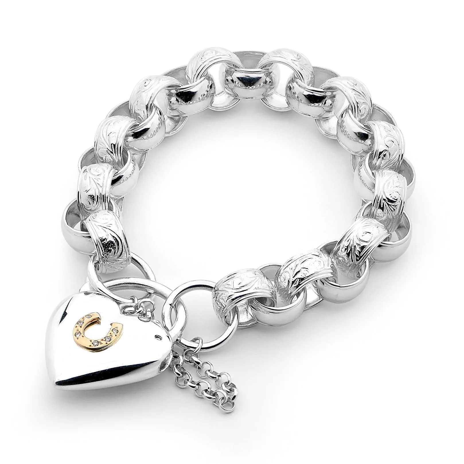 Solid Link Bracelet with 9ct Yellow Gold Horseshoe on Padlock