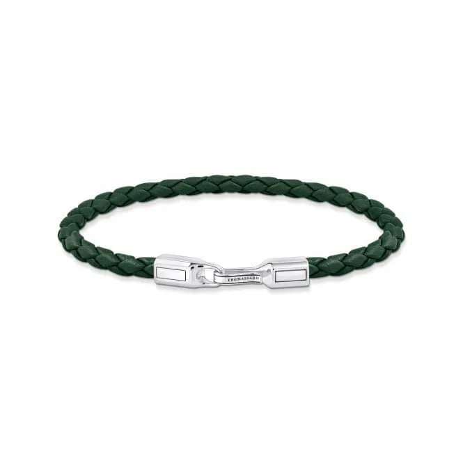 Sterling Silver Braided Green Leather Bracelet A2147-682-6