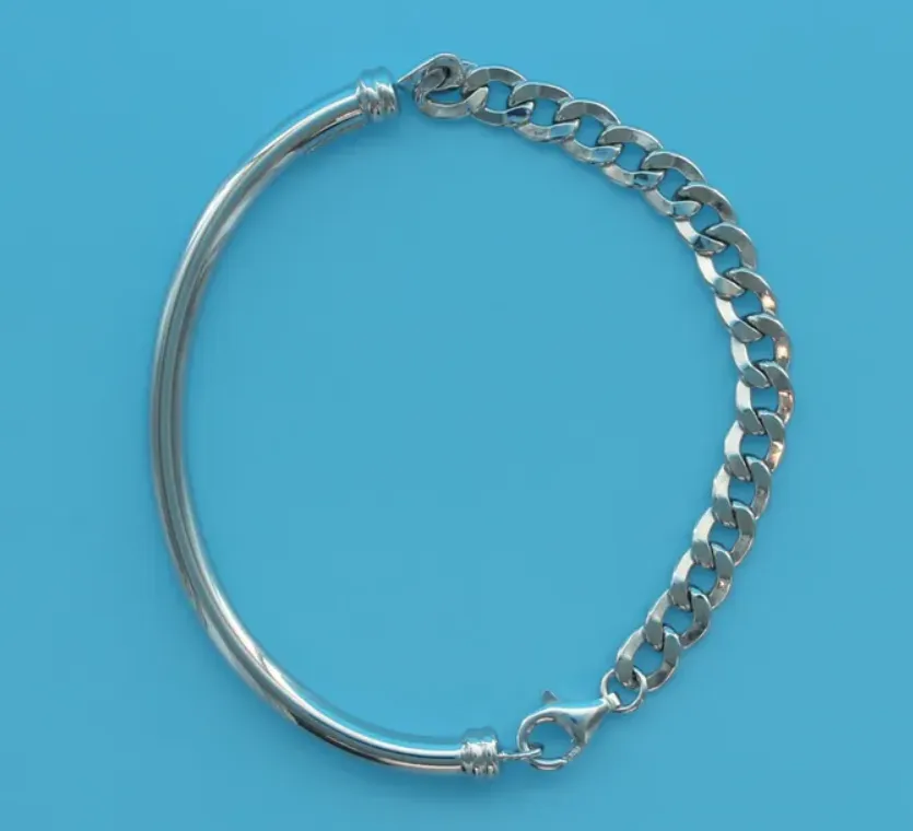 Sterling Silver Rhodium Plated Half Curved Bar Half Curb Link Chain Bracelet (SI6644)