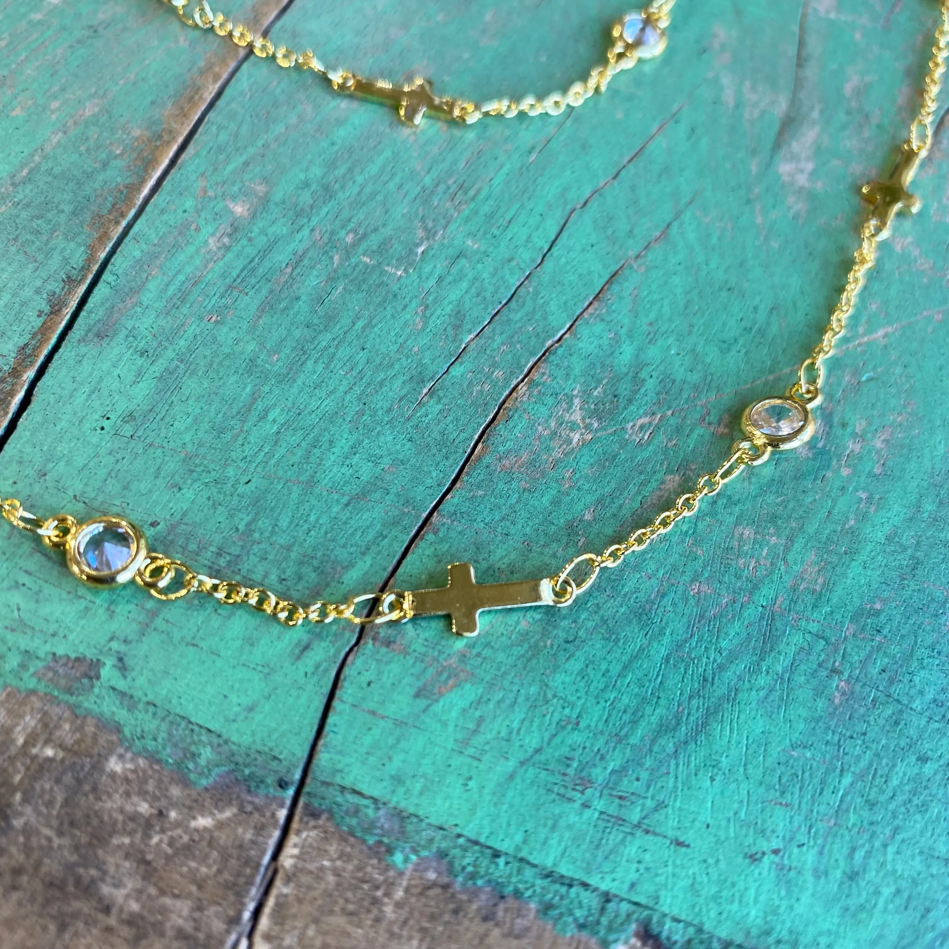 Sweet Sideways Cross Gold CZ Necklace