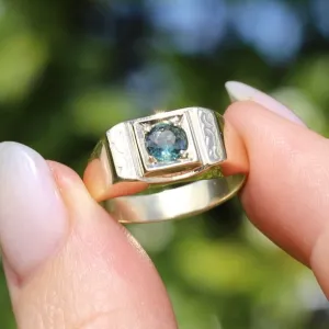 Vintage Carved Faced Signet ring with 0.64ct Green Blue Parti Sapphire, 9ct Yellow Gold, size 8 or Q