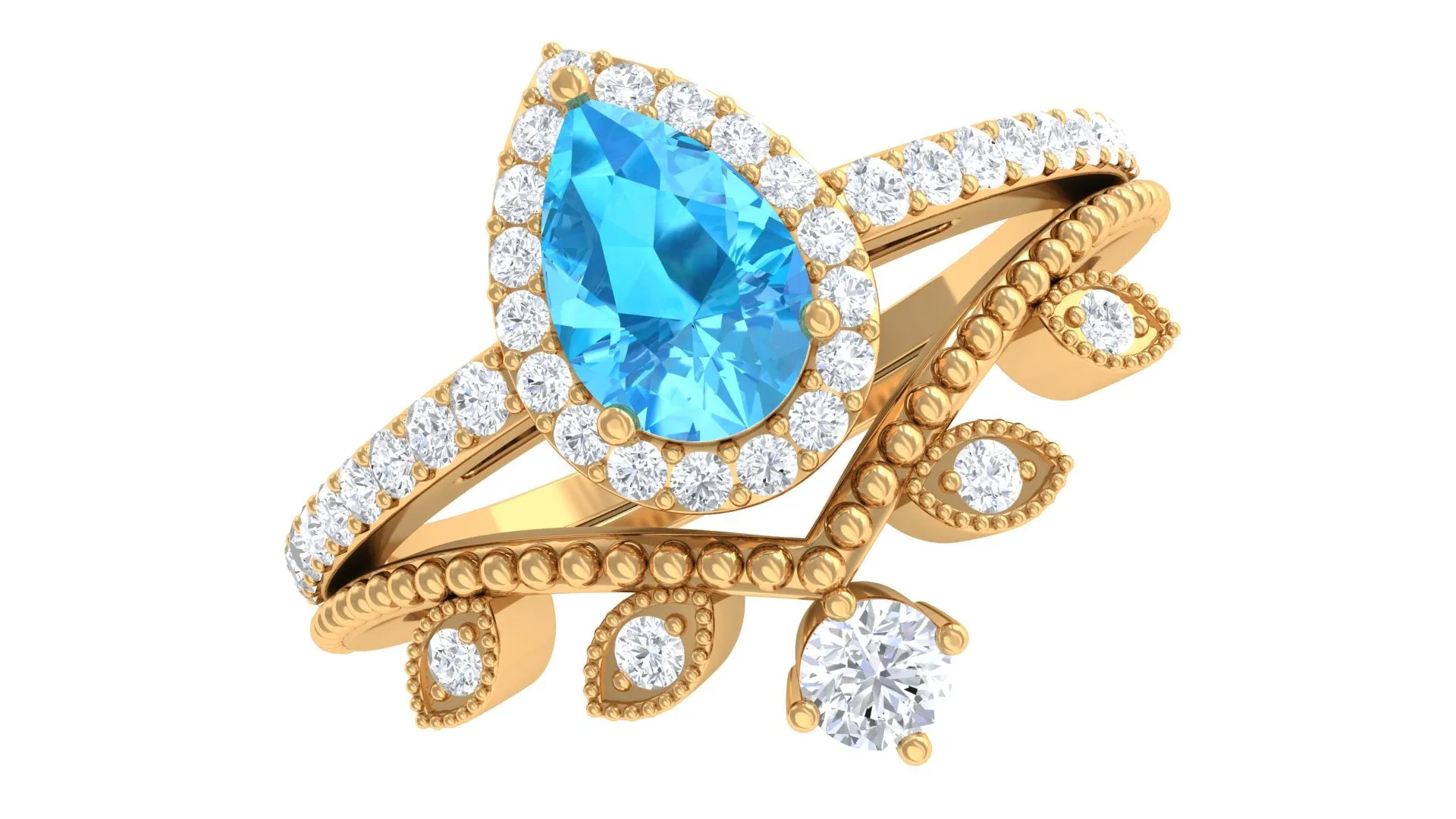 Vintage Inspired Swiss Blue Topaz Teardrop Wedding Ring Set with Diamond