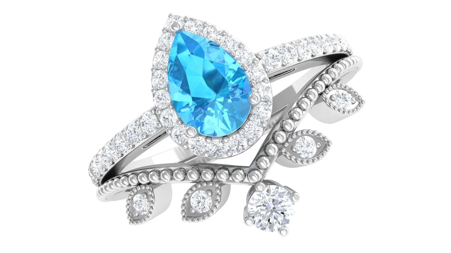 Vintage Inspired Swiss Blue Topaz Teardrop Wedding Ring Set with Diamond