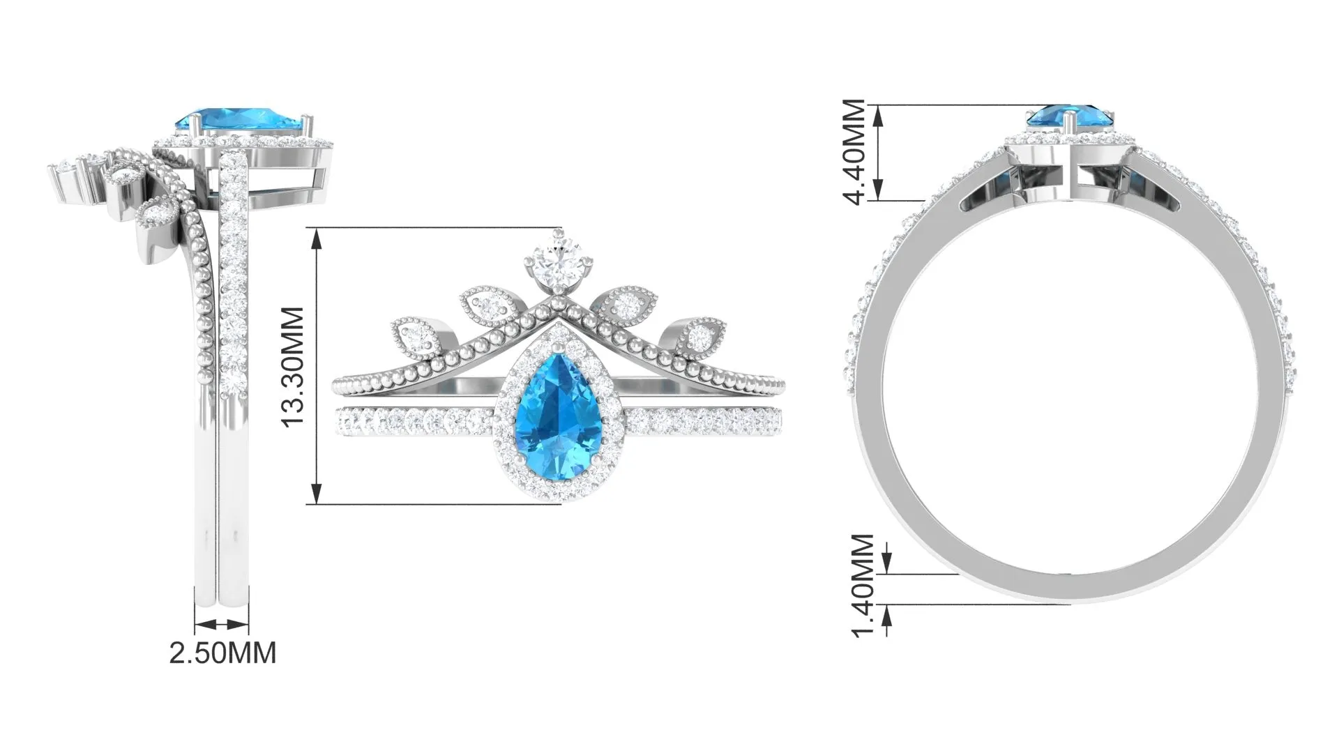 Vintage Inspired Swiss Blue Topaz Teardrop Wedding Ring Set with Diamond