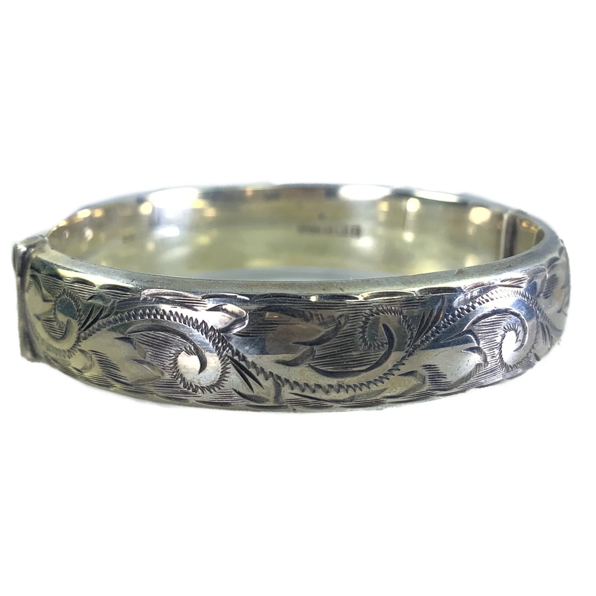 Vintage Sterling Silver Bangle Bracelet with Scroll Etching from England. Bohemian Estate Jewelry.