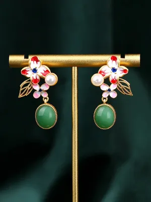 Women Enamel Jade Glod Plate Earrings